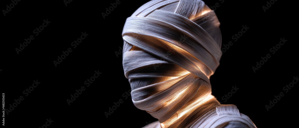 Poster a mysterious figure enveloped in bandages emits a soft glow, creating an intriguing contrast against