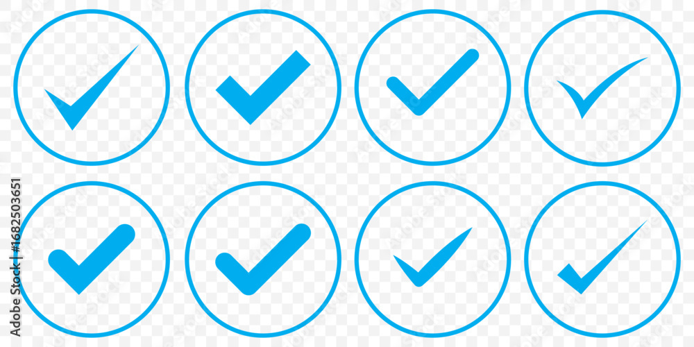 Poster blue approval and verification icons – eps vector collection on transparent background. eps 10.