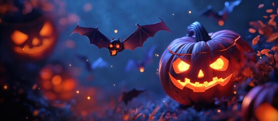 Spooky halloween night scene with glowing pumpkins and bats in the dark forest
