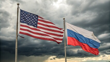 American and russian flags waving in the wind against a dramatic, stormy sky, symbolizing the complex and often strained relationship between the united states and russia on the global stage