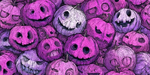 A vibrant collection of intricately designed, spooky jack-o'-lanterns in shades of purple and pink, creating a captivating Halloween motif.