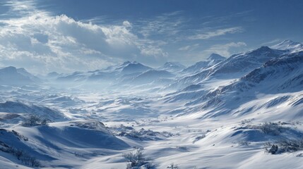 Obraz premium Vast Snowy Mountainscape Bathed in Ethereal Light Under a Star-Dusted Sky