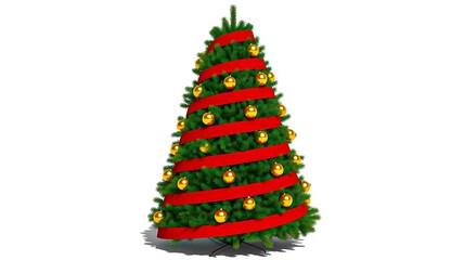 Obraz premium Decorated Christmas tree with ornaments and red ribbon on white background 