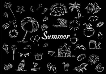 Bright summer background with beach, sea icons vector illustration. Design for seasonal poster, travel banner, holiday, vacation greeting cards.