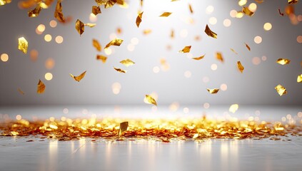 Golden confetti showers down a light gray room, creating a celebratory and festive atmosphere.