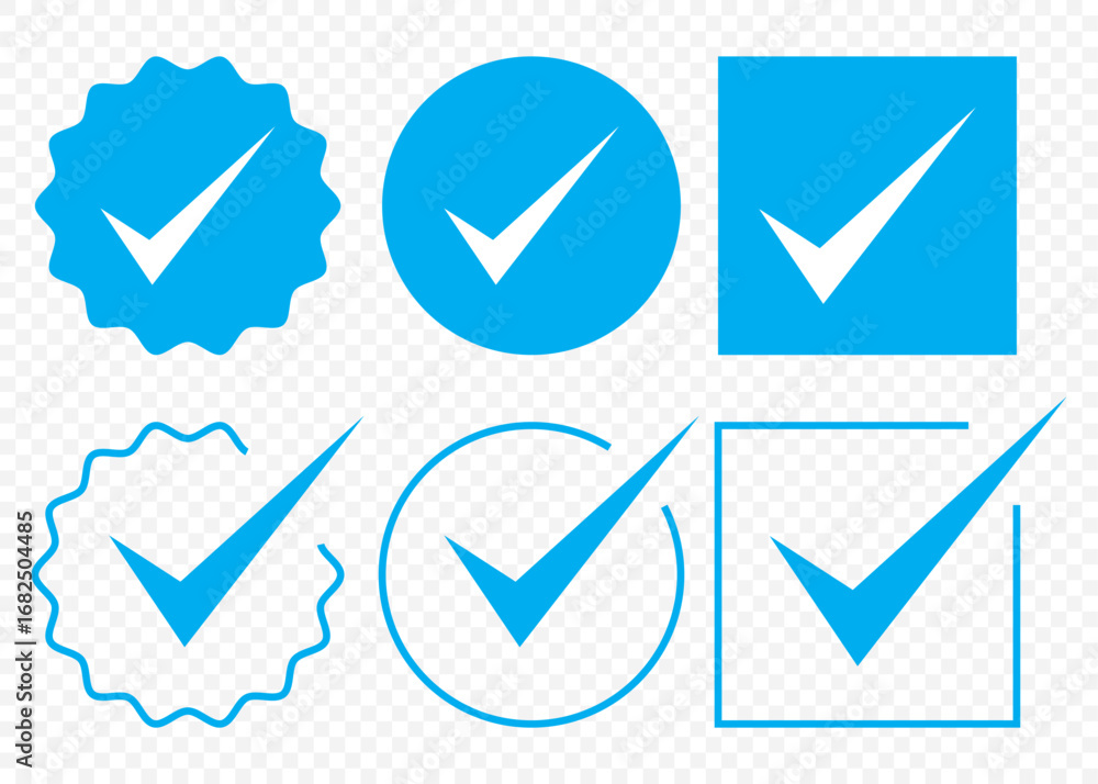 Poster check mark icon set – flat, outline, badge and circular styles on transparent background. eps 10.