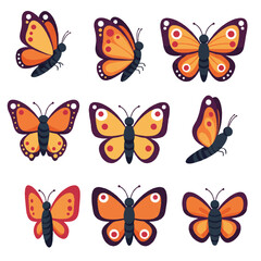 A cheerful collection of flat 2D vector butterfly mascot animal logos, featuring diverse stylized insect illustrations with vibrant colors, isolated on a pristine white background.