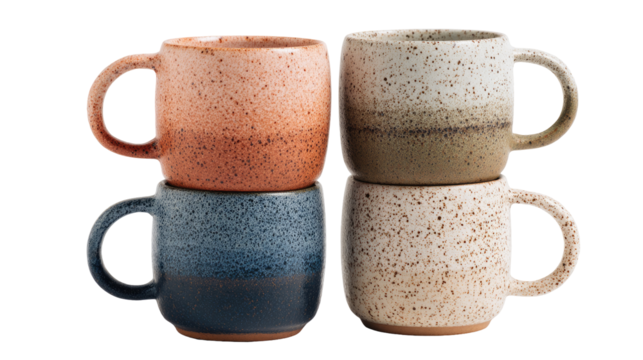 Four small ceramic mugs, stacked in pairs, showcasing a gradient color scheme