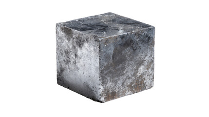 A weathered, gray cube, seemingly metal, with irregular surface texture