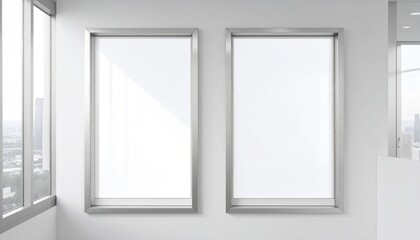 Two framed posters on a white wall in a bright office, sunlight reflecting. Tall windows reveal a cityscape backdrop. Modern, clean aesthetic