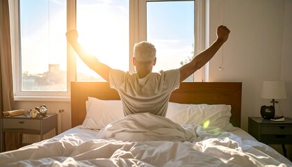Man waking up, stretching in bed, sunlight