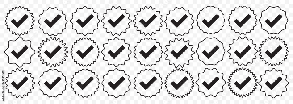 Poster big set of black verified badge icons – check marks in multiple design styles on transparent backgro
