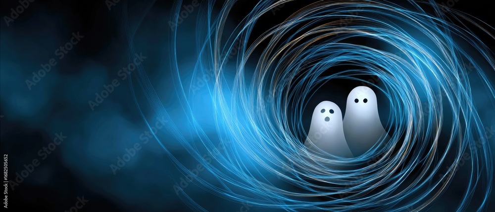 Poster a whimsical image of two ghost figures surrounded by swirling blue light effects, creating a mysteri