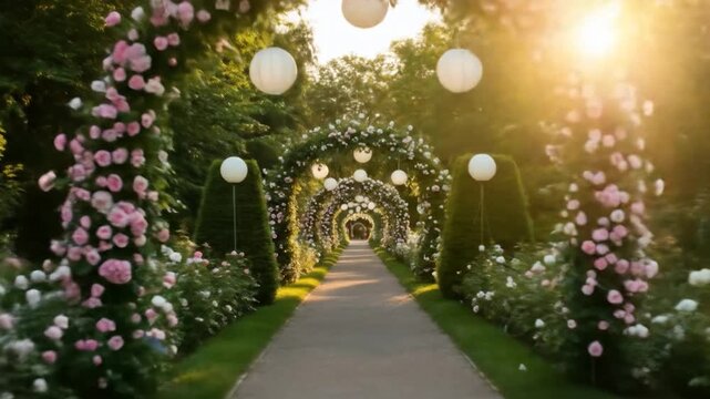 Floral archway pathway garden landscape with lantern decoration natural setting