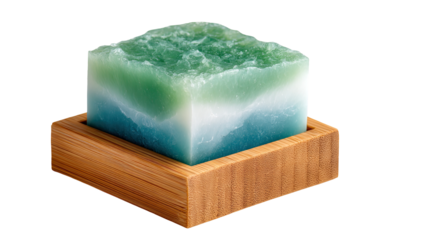 Square soap bar with teal and seafoam layers, resting in a wooden soap dish