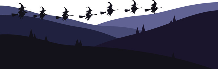 A group of witches silhouetted flying on brooms over a mountain landscape, creating a spooky halloween night scene