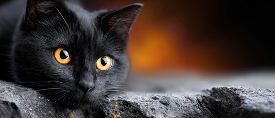 A striking black cat with bright orange eyes rests on a rocky surface, set against a warm, glowing background.