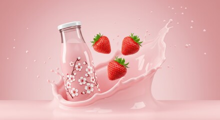 Strawberry milk splash surrounds fresh strawberries and a floral pattern bottle on a soft pink background for a refreshing sweet drink