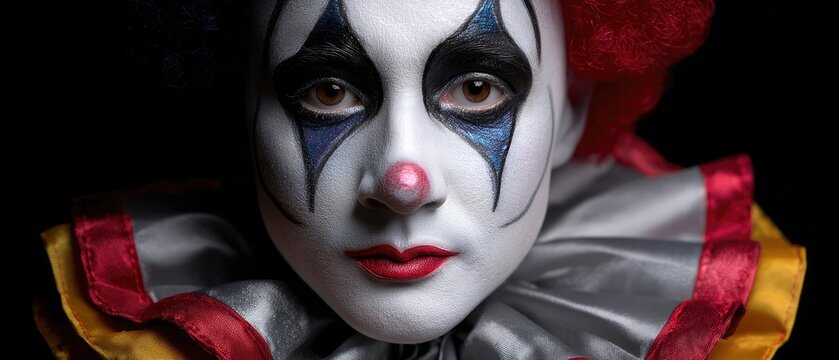 A close-up of a clown with dramatic makeup, featuring bold colors, a white face, and striking expressions, evoking a mix of whimsy and intrigue.