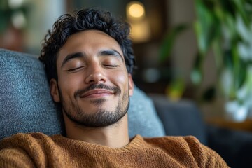 Portrait of a smiling Latin American man thoughtfully sitting at home on the sofa with closed eyes, resting and daydreaming in a peaceful and comfortable environment, Generative AI