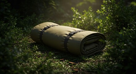 Fototapeta premium 緑の森に置かれた折り畳み式キャンプ用マットレス写真 自然光と影の描写