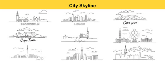 Obraz premium City Skylines Line Art Illustrations of Various World Cities Minimalist Black and White Representations of Famous Locations Around the World