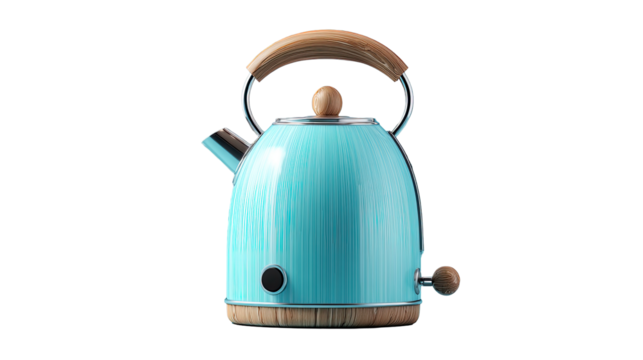 Teal-colored kettle with light-brown handles