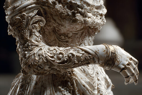 Marble sculpture of a woman with a modern bionic prothetic arm. Generative AI.