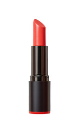 Close-up of a coral-toned lipstick in a black tube