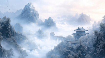 Snowy Chinese Landscape with Misty Pavilions and Birds, Classical Serene Scene for Design and Culture Promotion
