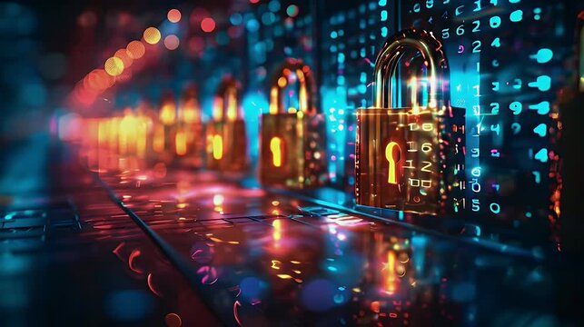 Top lock among glowing lights, digital security.