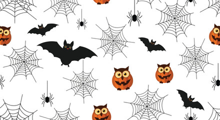 Seamless halloween pattern featuring bats, spiders, spiderwebs, and owls, creating a spooky and festive design