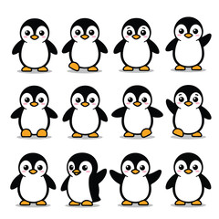 A delightful collection of charming 2D flat design penguin mascot illustrations, perfect for logos, presented as a set of isolated vector characters on a clean white background.