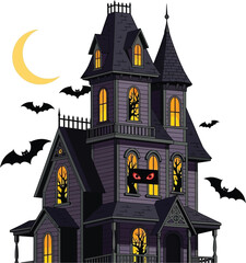 Spooky haunted house with bats flying around it under a crescent moon, perfect for halloween night