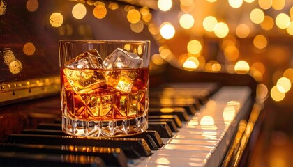 A glass of amber liquid and ice sits atop a piano keyboard, bathed in the warm glow of out-of-focus bokeh lights