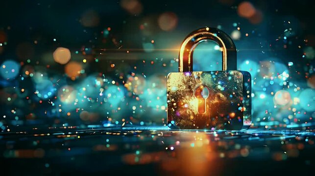 Top lock among glowing lights, digital security.