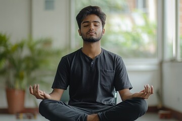 Relaxed young Indian man sitting in the office at a desk in a lotus yoga position, meditating, closing his eyes, and resting in a peaceful and focused state, Generative AI