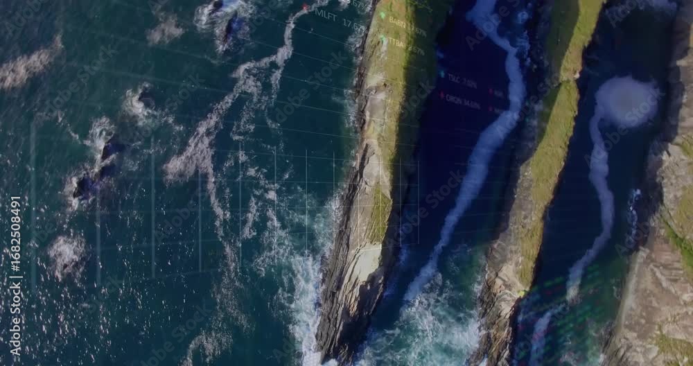 Poster animation of financial graphs and data over sea and land top view