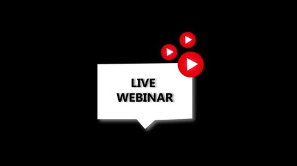 Animated red play button live webinar announcement motion graphics online seminar broadcast 4K UHD. Animated live webinar announcement motion graphics red play button online seminar broadcast.