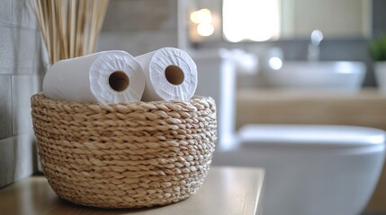 Toilet paper rolls in wicker basket, modern bathroom, shelf, decor
