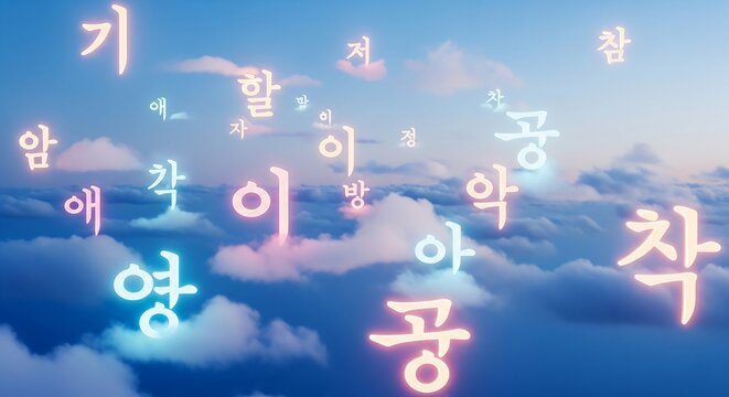 Floating glowing Korean letters among dreamy clouds, symbolizing imagination, creativity, and the poetic beauty of language in surreal sky