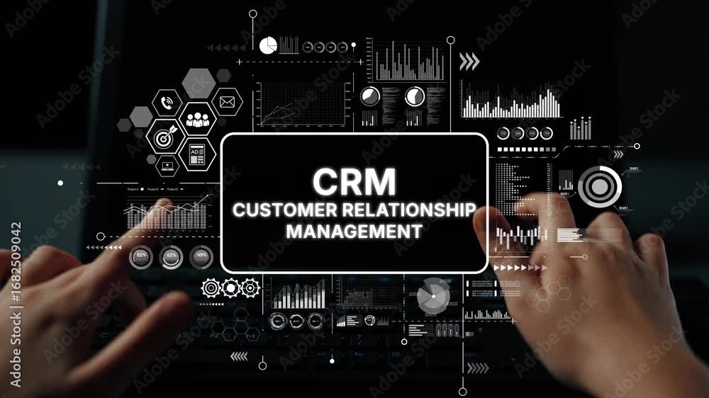 Poster innovative customer relationship management concept with data visualization and user interaction on 