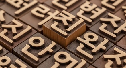 Close-up of wooden Korean letterpress blocks arranged neatly, reflecting heritage, printmaking, and craftsmanship in typography