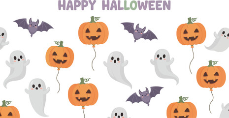 Happy halloween seamless pattern featuring cute ghosts, bats, and pumpkin balloons, festive design for wrapping paper, fabric, or decoration