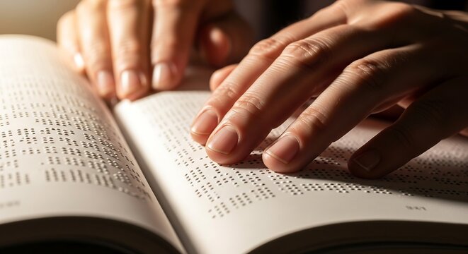 Close-up of hands reading braille book, symbolizing accessibility, tactile literacy, and empowerment for visually impaired readers