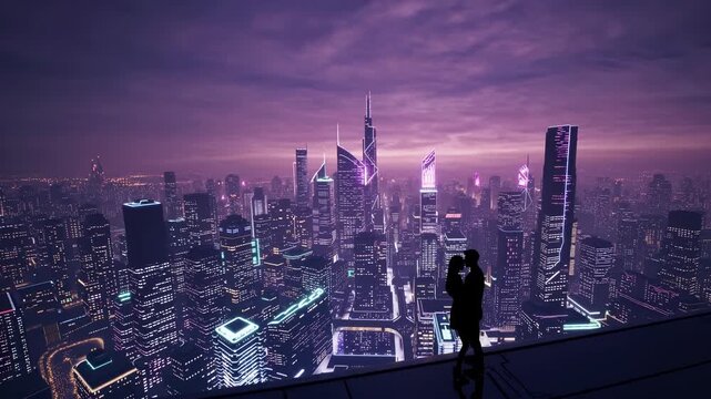 Silhouettes of a couple on an observation deck above a glowing megacity at dusk; purple sky, skyscraper lights and glass railings convey height, intimacy, and a futuristic urban mood.