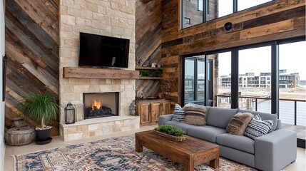 Cozy Rustic Contemporary Living Room with Stone Fireplace and Modern Decor