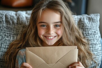 Portrait of a smiling woman holding an open envelope with a letter, sitting on the sofa and smiling at the camera, excited about the contents of the letter, Generative AI