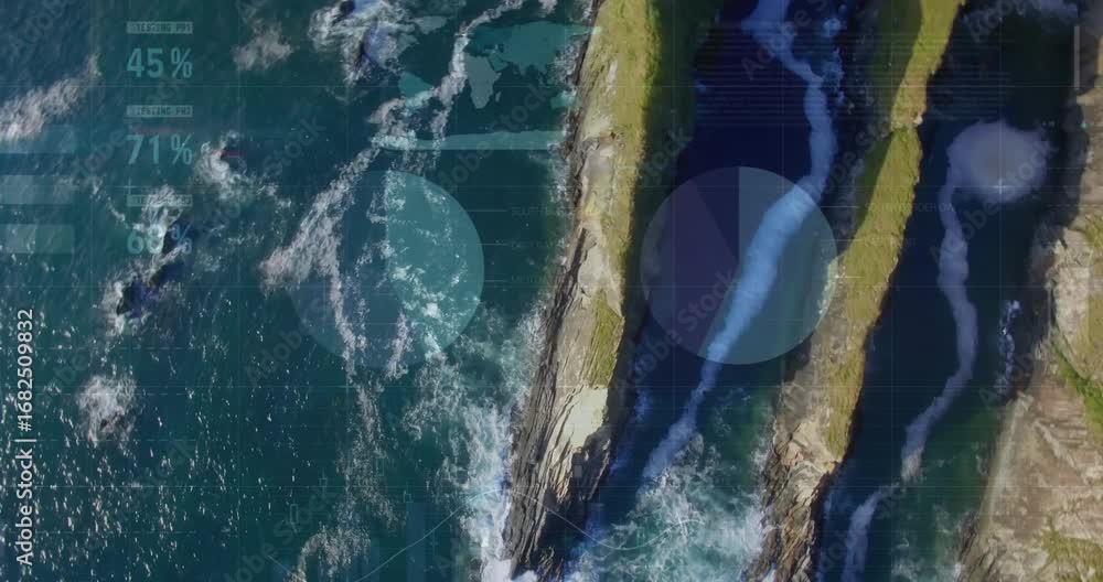 Poster statistical data processing against aerial view of grassland and sea waves