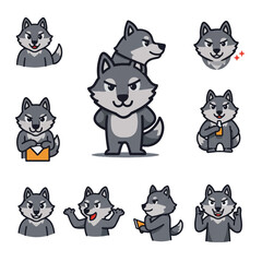 Dynamic flat 2D vector wolf mascot illustration featuring a versatile collection of stylized canine characters, isolated on a clean white background.